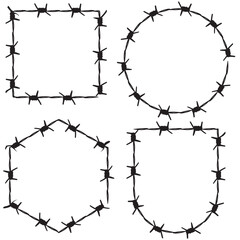 Twisted barbed wire silhouettes Steel black wire barb fence frames. Concept of protection, danger or security. Barb frame. 