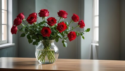 Bouquet of vibrant red rose flowers with long green stems arranged in a romantic heart-shaped design on a plain valentine background