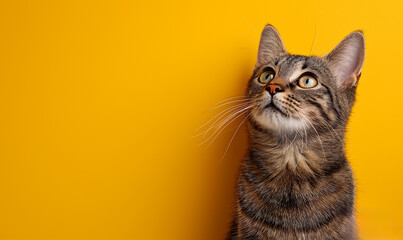 Cute cat closeup on a yellow background.
 Pet. Pet care. Place for text. Copy space. Banner