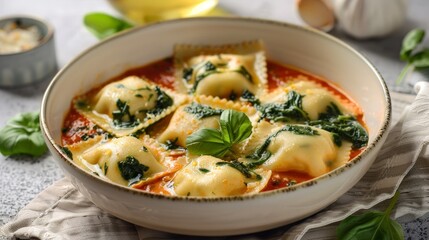 A bowl of creamy ricotta and spinach stuffed ravioli, served with a light tomato sauce.
