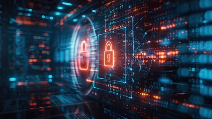 Glowing orange padlock icon on futuristic blue circuit board with binary code