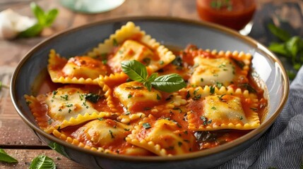 A bowl of creamy ricotta and spinach stuffed ravioli, served with a light tomato sauce.