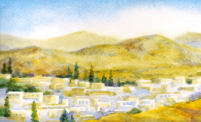 Watercolor landscape. Old city in a valley between the mountains