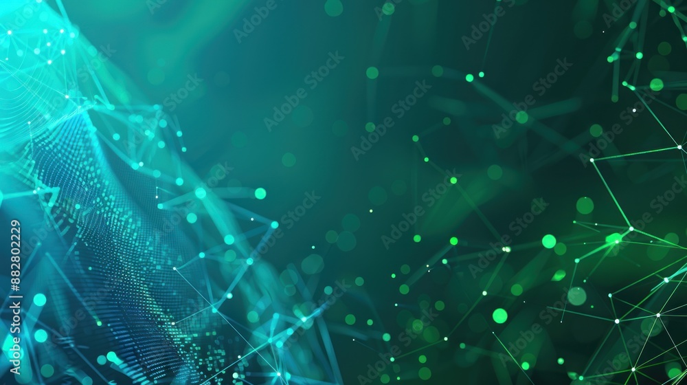 Poster Glowing green and blue plexus structure with bokeh lights on dark background
