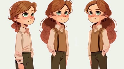 Character sheet young funny sad girl, flat funny style, 2d style, design character, animation 2D