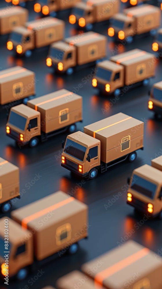Poster delivery vehicles fleet with glowing package icons, optimizing dispatch logistics, deep depth of fie