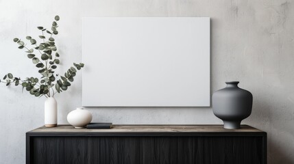 Two white vases filled with eucalyptus branches, one tall and slender, the other wide and round, sit on a black cabinet against a plain beige wall with a white square hanging above