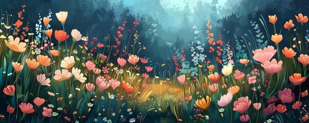 A stylized illustration of a serene meadow filled with wildflowers, their colors blending into a vibrant patchwork.