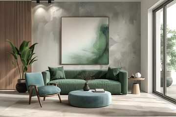 Modern Living Room with Green Accents and Minimalist Decor