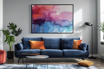 Modern Living Room with Blue Sofa and Colorful Abstract Art