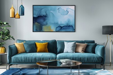 Modern Living Room with Blue Sofa and Abstract Art