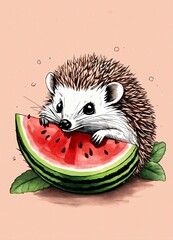 a small hedgehog holding a piece of watermelon with its tiny paws, taking little bites, eyes closed in delight, cute ink sketch style illustration