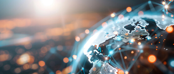 A digital representation of a connected world with glowing network lines indicating global communication and technological advancement.