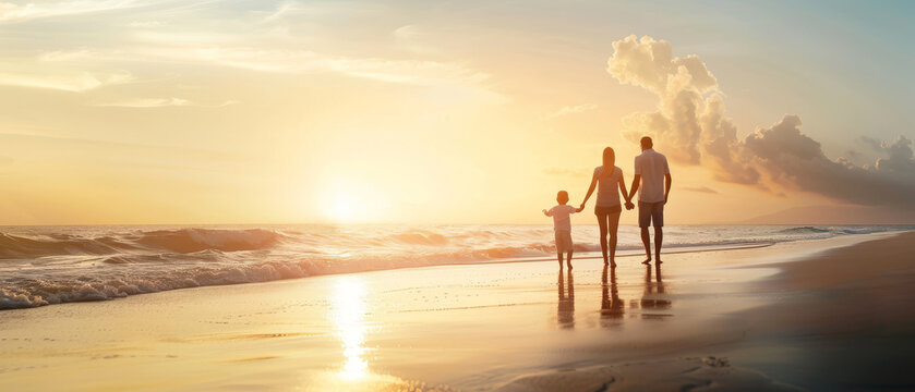 A family walking hand in hand on a beach at sunset, enjoying a peaceful and serene moment by the ocean.