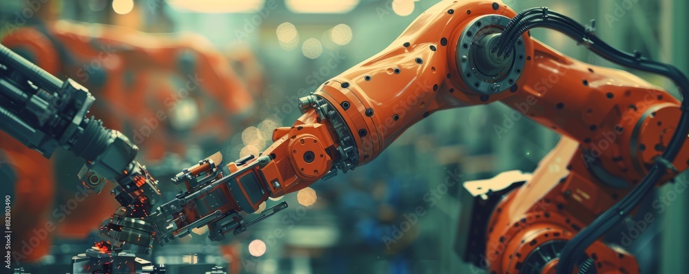 Poster a robot arm assembling a complex piece of machinery, its movements precise and efficient.