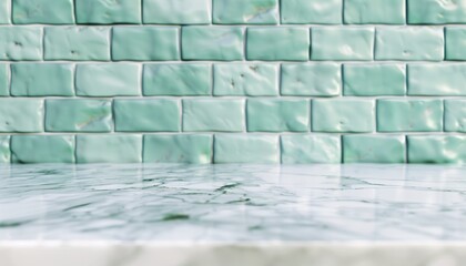Fototapeta premium Empty White Marble Tabletop Against Fresh Mint Green Tiles Background, Modern Design