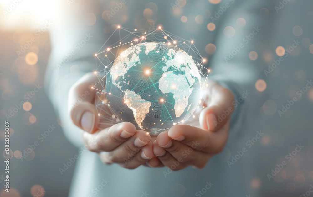 Aufkleber hands holding a digital globe, representing global connectivity, technology, and networking with a t