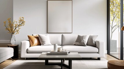 A sleek and modern living room with minimalist decor.