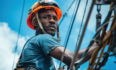 Focused African lineman in protective gear maintaining electrical power lines, showcasing dedication and expertise in utility infrastructure work