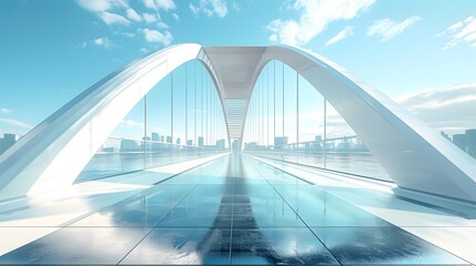 Futuristic White Arch Bridge Over Reflective Water with City Skyline