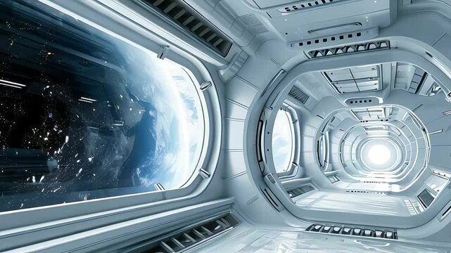 Spaceship interior with view on Earth 3D rendering elements