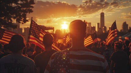 Patriotic Gathering at Sunset with American Flags and City Skyline in Background Honoring National Unity