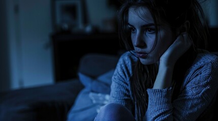 Obraz premium A sad and lonely young woman sits on a sofa in a dark room nearby.