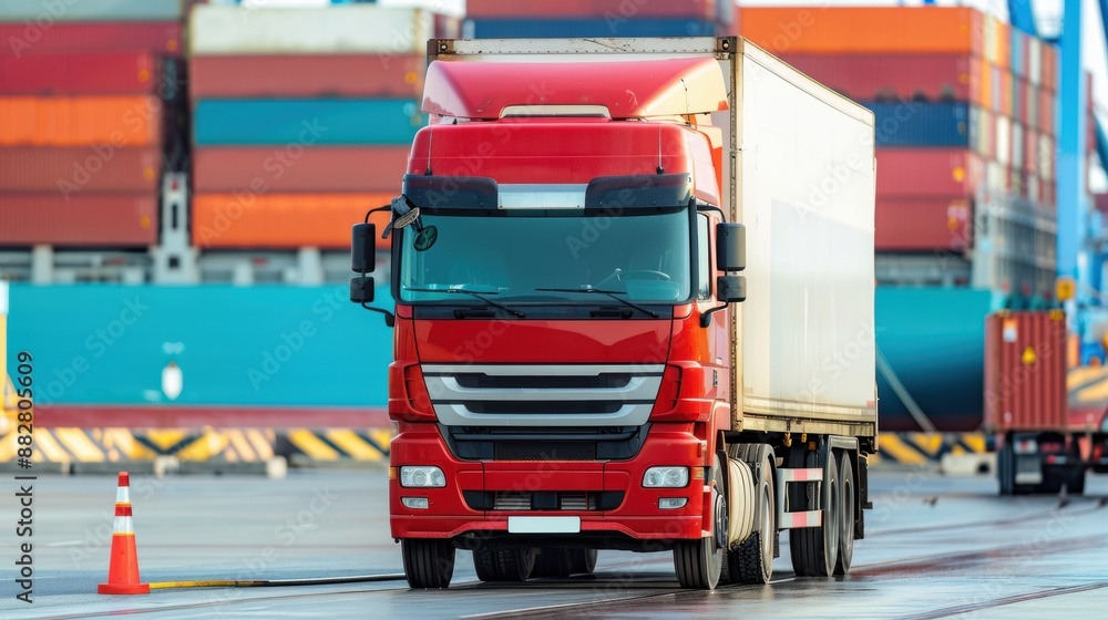 Poster cargo truck entering port for efficient logistics workflow, with copy space, covering all objects, d