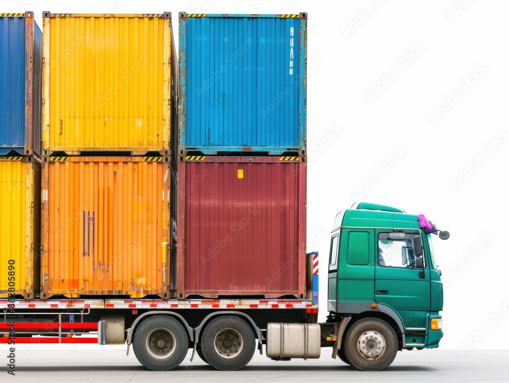Poster bustling port scene with large truck transporting containers, efficient logistics, deep depth of fie