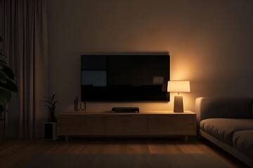 night time, dark living room with black flat screen tv on wall and modern wooden entertainment console below the television, interior design photography, warm light lamp beside sofa, minimalism, photo