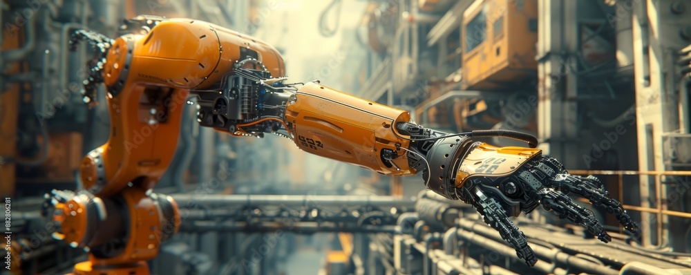 Aufkleber a robot arm assembling a complex piece of machinery, its movements precise and efficient.