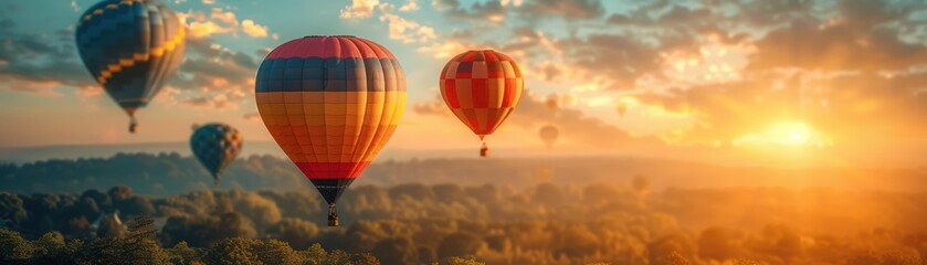Obraz premium Colorful hot air balloons floating over a scenic landscape at sunrise, creating a picturesque view with a golden sky and a serene atmosphere.