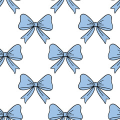 Festive blue bow seamless pattern on a white background. Vector illustration. Design for fabric, holiday background.