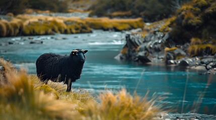 Black Sheep Grazing Near Peaceful Flowing River in Scenic Countryside Landscape