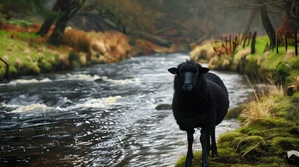 Serene Black Sheep Near Tranquil Flowing River in Peaceful Countryside Landscape