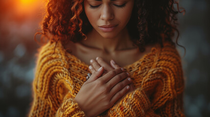 Curly-haired woman embracing herself in orange sweater, eyes closed in peaceful introspection. Concept of self-love, mindfulness, and inner peace.