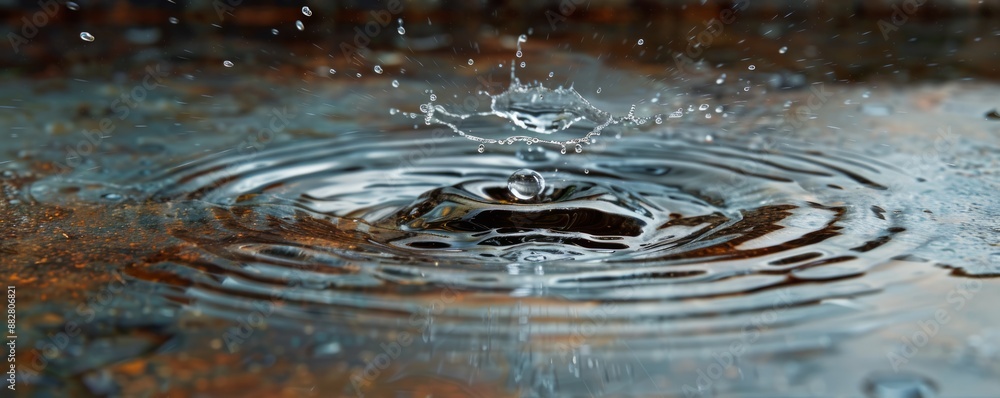 Poster a photorealistic image of a single raindrop splashing into a puddle, creating a ripple effect that s