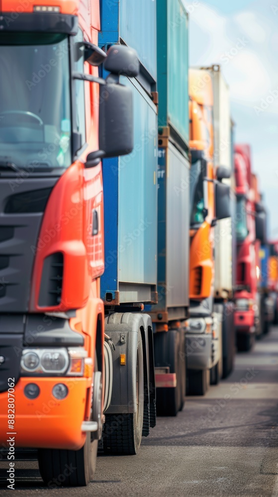 Poster row of trucks at port for loading, organized transport, copy space, focus on objects, deep depth of 