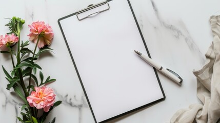 blank white paper on clipboard with pen and flower