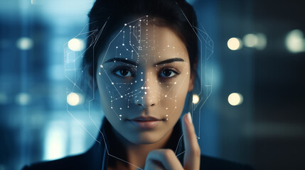 The woman's face is surrounded by a digital grid, biometrics, face control. Woman's face on computer screen with blue background