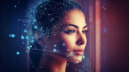 The woman's face is surrounded by a digital grid, biometrics, face control. Woman's face on computer screen with blue background