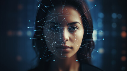 The woman's face is surrounded by a digital grid, biometrics, face control. Woman's face on computer screen with blue background