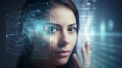 The woman's face is surrounded by a digital grid, biometrics, face control. Woman's face on computer screen with blue background