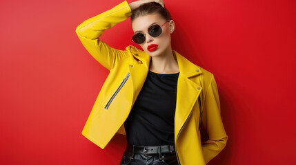 Chic young redhead in yellow leather jacket and sunglasses, poses with hand on head on a bold red background.