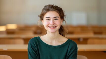 A joyful French Caucasian university student sitting in a college lecture hall.