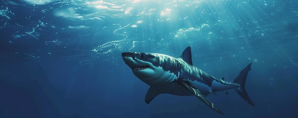 Fototapeta premium Majestic great white shark patrolling the depths, 4K hyperrealistic photo