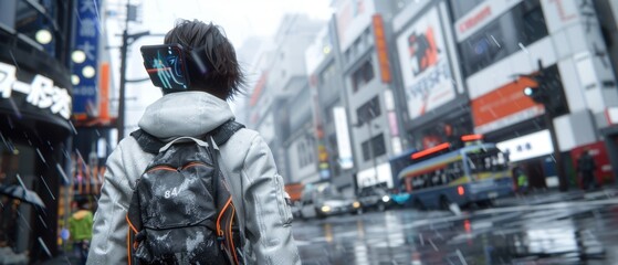 Person in a hoodie and backpack walking in a rainy, busy city street with neon lights and skyscrapers.