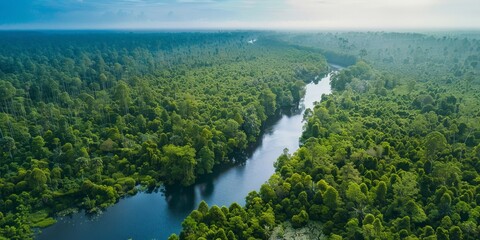 Naklejka premium Aerial View of a River Winding Through Lush Rainforest