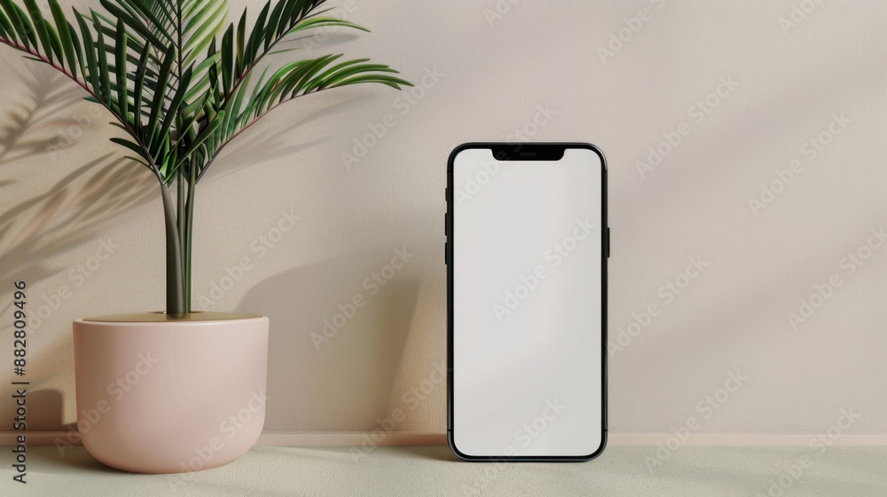 Poster ar-enabled smartphone displaying virtual product placement in room for online shopping with copy spa