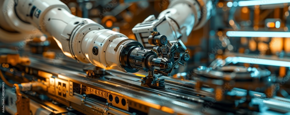 Poster a robot arm assembling a complex piece of machinery, its movements precise and efficient.